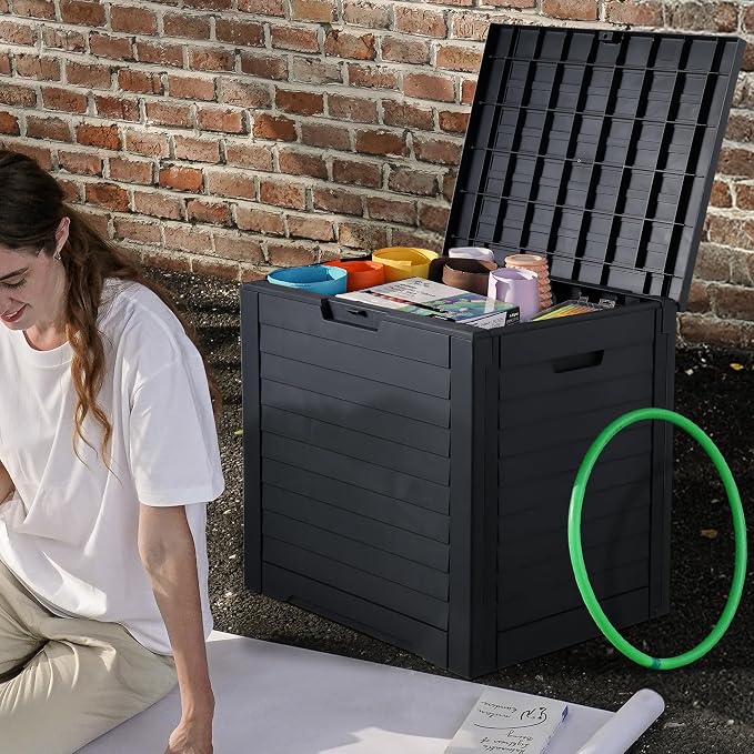 DWVO Louvered Large Deck Box, 35 Gallon Resin Outdoor Storage Box w/Lockable Lid and Side Handles for Patio Furniture, Garden Tools and Pool Supplies,Waterproof and UV Resistant, Black