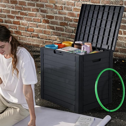 DWVO Louvered Large Deck Box, 35 Gallon Resin Outdoor Storage Box w/Lockable Lid and Side Handles for Patio Furniture, Garden Tools and Pool Supplies,Waterproof and UV Resistant, Black