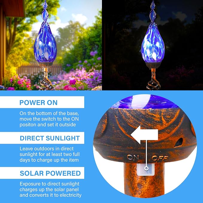 Solar Garden Lights Outdoor, Decorative LED Flame Garden Stakes, Hand Blown Glass and Outdoor Waterproof Glass Stakes (Dark Blue)