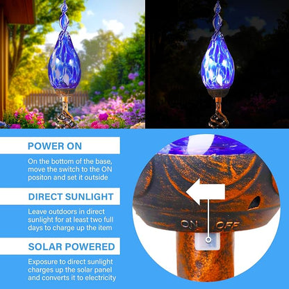 Solar Garden Lights Outdoor, Decorative LED Flame Garden Stakes, Hand Blown Glass and Outdoor Waterproof Glass Stakes (Dark Blue)