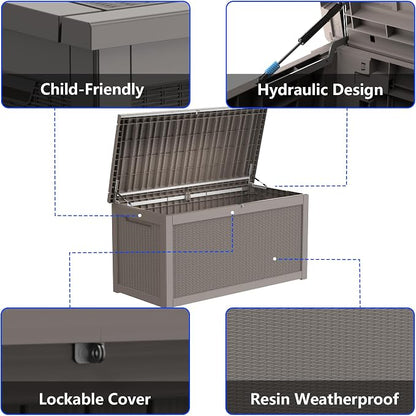 320 Gallon Outdoor Storage Box Resin Deck Box All Weather Waterproof Large Lockable Storage Container Deck Box for Patio Furniture, Garden Tools, Lockable, Gray