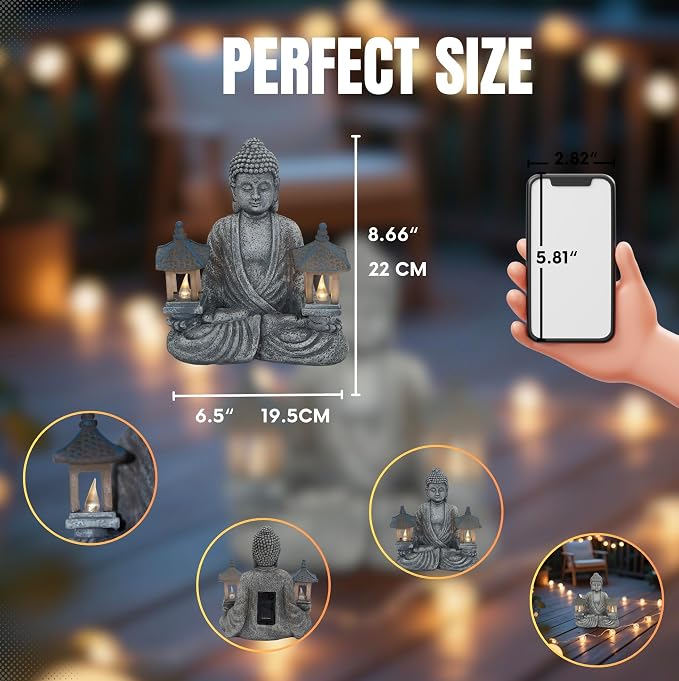 Buddha Outdoor Solar Figurine Decor Light, Meditation Small Elegant Garden Statues, Gifts for Mom, Halloween Décor Waterproof Patio Balcony Yard Lawn Ornament 8.66”