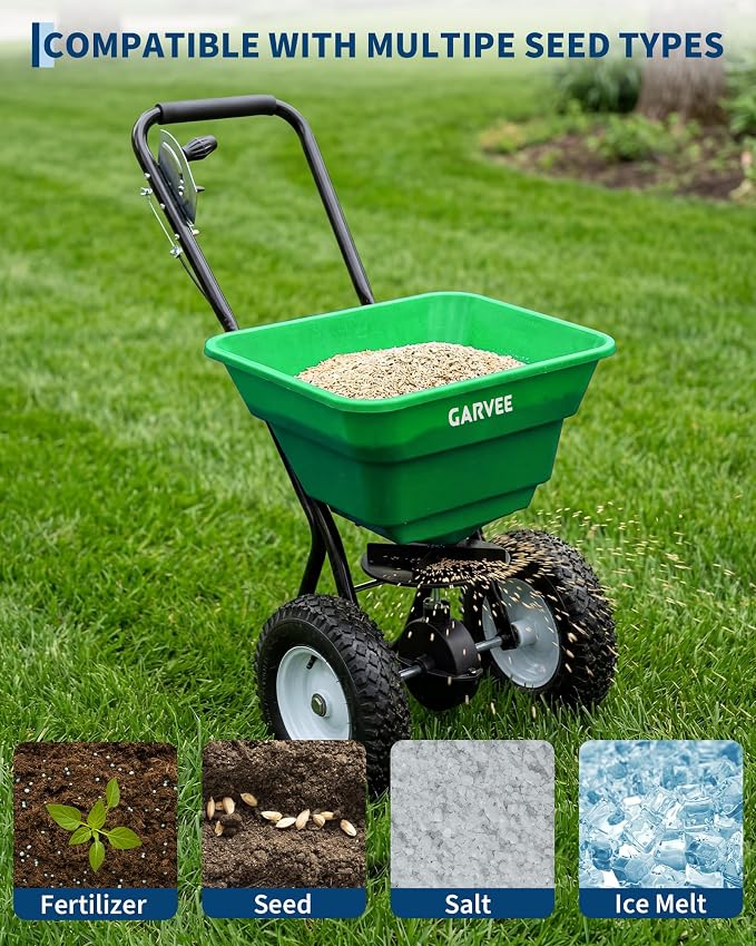 80 LBS Push Broadcast Spreader, 12FT Spreading Width, 13in All-Terrain Wheels, Adjustable Flow Control, Heavy Duty Walk Behind Lawn Spreader for Fertilizer, Grass Seed, Ice Melt, Salt