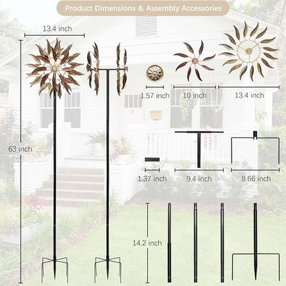 Large Outdoor Metal Wind Spinner,Two-Way Wind Sculptures,360 Degrees Kinetic Wind Spinners Yard Art Decor for Patio, Lawn & Garden 63 * 13.4 Inches