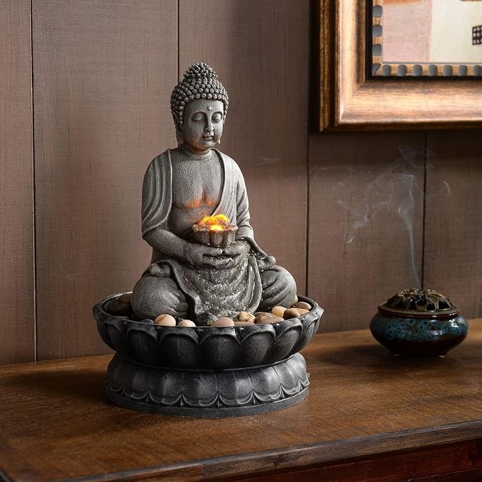 GOSSI 11.2 Inch Tall Indoor Tabletop Buddha Fountain with Reflective Lighting and Cobblestone Base, Zen Desk Water Fountain for Office and Home Decor