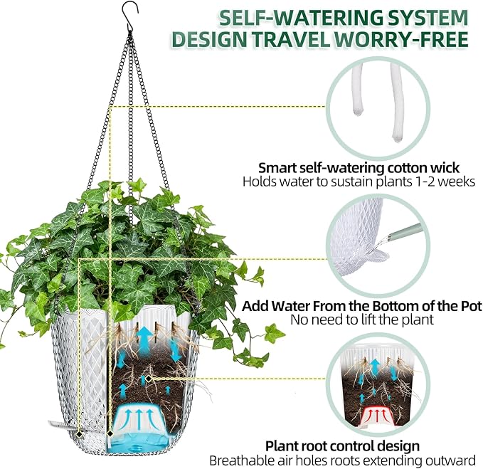 QCQHDU 5.7 Inch 2 Pack Small Hanging Planters for Indoor Outdoor Plants,Self Watering Flower Pots Hanging Basket Plant Hanger with Drainage Holes and 3 Hooks for Window Porch Garden Balcony, (White)