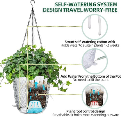QCQHDU 5.7 Inch 2 Pack Small Hanging Planters for Indoor Outdoor Plants,Self Watering Flower Pots Hanging Basket Plant Hanger with Drainage Holes and 3 Hooks for Window Porch Garden Balcony, (White)