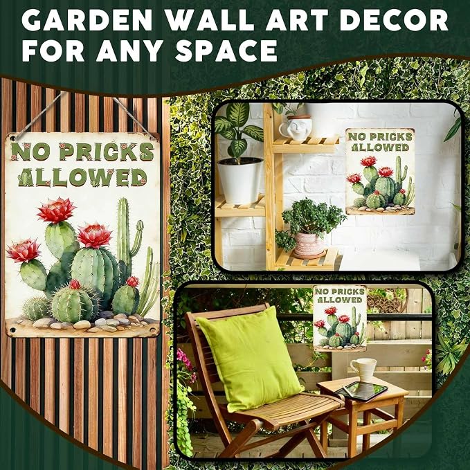 PEACHGARDEN Cactus Deocr Garden Signs No Pricks Allowed Southwestern Metal Tin Sign Cactus Wall Art Decor for Outdoor Garden Yard Greenhouse 12x16 inch