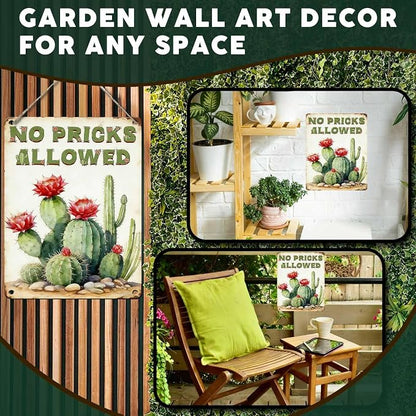 PEACHGARDEN Cactus Deocr Garden Signs No Pricks Allowed Southwestern Metal Tin Sign Cactus Wall Art Decor for Outdoor Garden Yard Greenhouse 12x16 inch