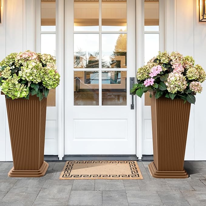 TUYOHW Set of 2 Tall Planters, 24" Large Indoor Outdoor Flower Pots with Tray, Modern Tapered Planters for Porch, Patio, Garden, Backyard