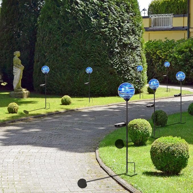 Solar Outdoor Decorative Lights Color Swirl Garden Stake Glaze Glass LED Globe Lights for Pathway Yard Lawn Decoration - 2 Pack Blue