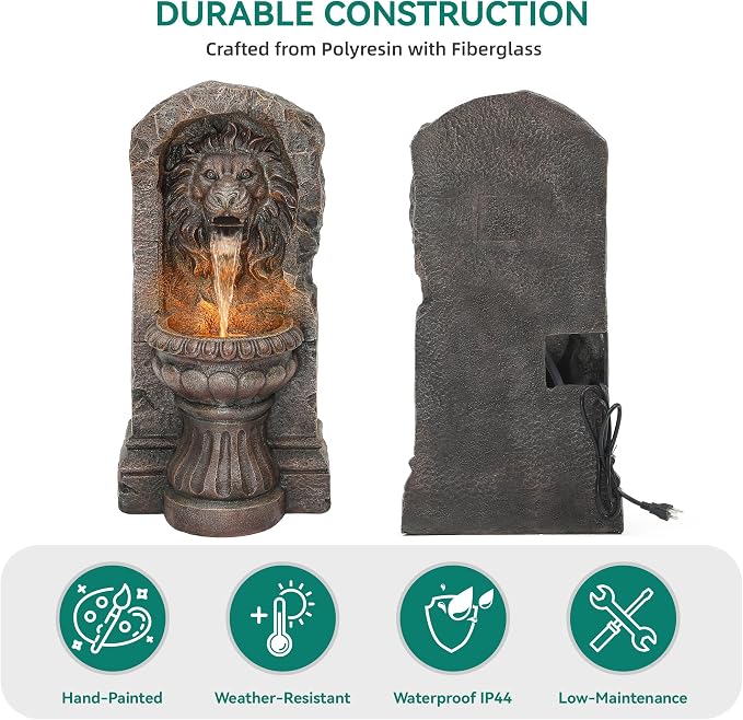 30" Lion Head Outdoor Water Fountain LED Stone Cascading Waterfall | faux granite stone texture, European courtyard, patio yard,Deck Floor Garden Decor