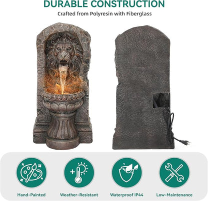 30" Lion Head Outdoor Water Fountain LED Stone Cascading Waterfall | faux granite stone texture, European courtyard, patio yard,Deck Floor Garden Decor
