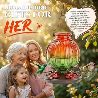 Glass Hummingbird Feeder for Outdoors Hanging, 26Oz Bird Nectar Feeder with Perch & 5 Flower Feeding Ports, Leak Proof for Outside Garden Decor Backyard, Gifts for Women Mom, Orange & Green