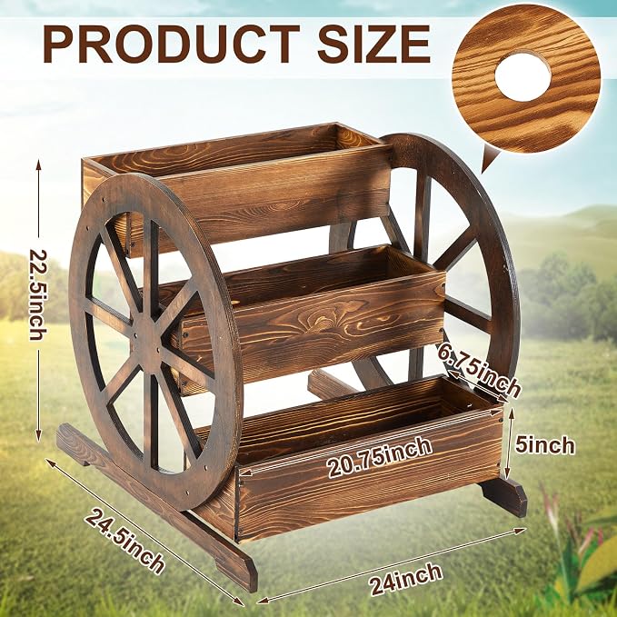 Beeveer 3 Tier Wooden Wagon Planter Box 24" x 24.5" x 22.5" Garden Planter for Outside Wood Planter Box with Drainage Holes Decorative Planters for Patio Garden Balcony Vegetables Flowers Herbs