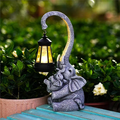 Pohabery Elephant Outdoor Statues with Cute Baby Garden Decor, Resin Elephant Figurines with Solar Lantern Outdoor Decoration Gifts for Mothers Day, Birthday Day