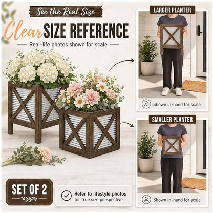 Autumn Alley Front Porch Planters Set of 2, 15.7" & 10.2", Wood & Metal | Tabletop scale for steps &entryways, Galvanized corrugated metal, X-brace wood frame, Holds a standard nursery pot