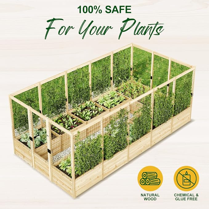 AMERLIFE U-Shaped Raised Garden Bed with 19" Depth Planter Box, Outdoor Wooden Raised Garden Bed Planter with Deer Proof Fence,7.5Wx15Dx6H, for Vegetables, Flowers and Herbs