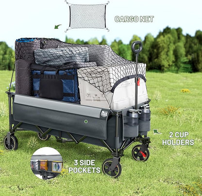 Timber Ridge 51.2'' Extended Collapsible Wagon Cart with Brakes and Cargo Net, 500LBS Heavy Duty Foldable Utility Wagon with Adjustable Handle, 400L Capacity Portable Cart for Camping Sports Shopping