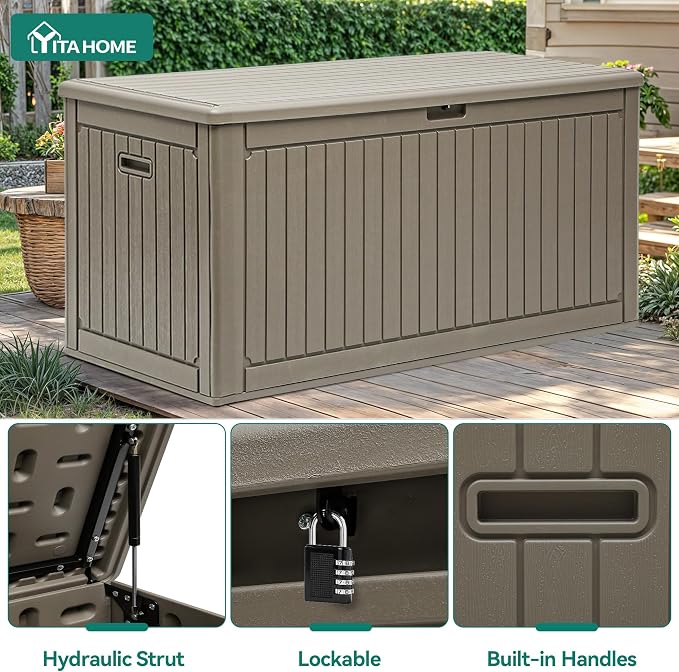 YITAHOME 320 Gallon Double-Wall Deck Box with Divider & Side Handles | Outdoor Large Storage for Patio Furniture Cushions, Garden Pool Accessories, Water Resistant & Lockable