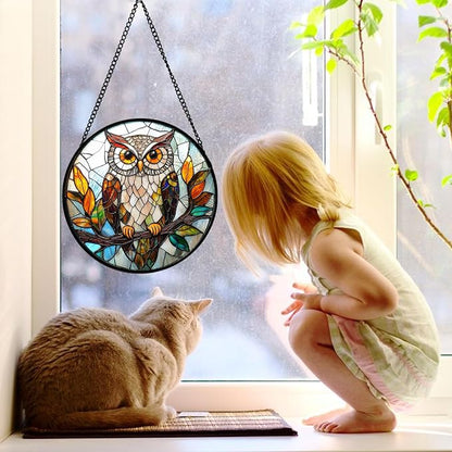 DASTOLL Stained Glass Window Hanging, Owl Colorful Leaves Birds Sun Catchers Diamond Glass Panel Hangings Suncatcher Decor for Birthday for Women, Men, Wife, Aunt, and Mom 6.3 in
