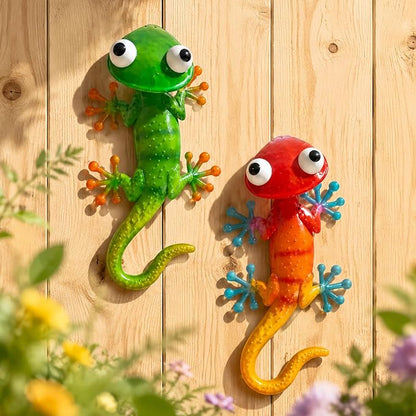 HONGLAND Gecko Metal Wall Art- 15 Inch 3D Lizard Wall Decor Outdoor Garden Sculptures & Statues with Free-Adjustable Head, 2 Pack Yard Decorations for Garden Fence Home