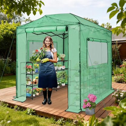 EAGLE PEAK 8x6 Portable Walk in Greenhouse, Pop Up Indoor Outdoor Greenhouse, Green House Kit with Zippered Roll-Up Doors and Windows, PE Cover, Clear/Green