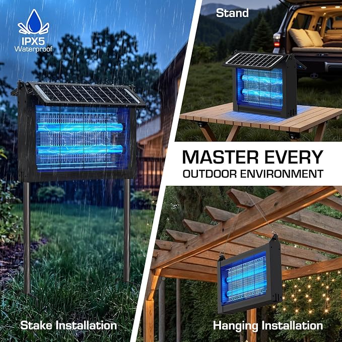 Solar Bug Zapper Outdoor with Dual Solar Panels, PhatroyYee 4500V Cordless Waterproof Mosquito Zapper, Auto On/Off, USB-C & Solar Powered Electric Fly Zapper Trap Killer for Patio Backyard RV Camping