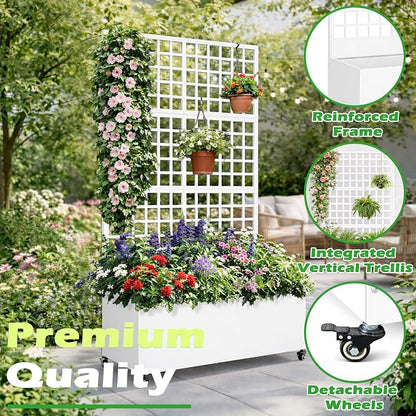 Metal Raised Garden Bed with Grid Trellis and Wheels, 43” L x 16” W x 71” H Privacy Screen for Climbing Plants, Metal Planter Box with Drainage Holes
