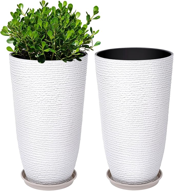 QCQHDU Set of 2 9 Gallon Tall Large planters for Outdoor/Indoor Plants of 12" Dia x 21" H Round Flower Pots Set Faux Stone Finish Front Door Patio Square Porch Planters with Tray, White