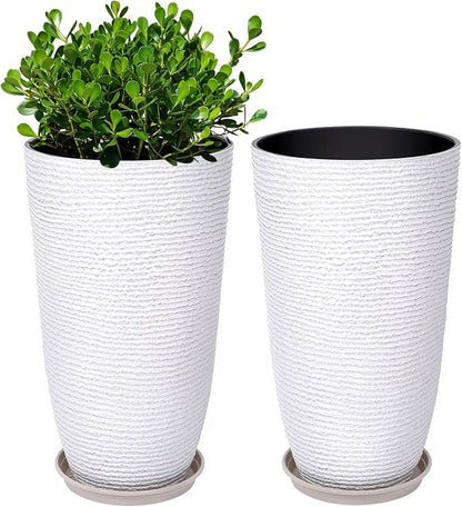 QCQHDU Set of 2 9 Gallon Tall Large planters for Outdoor/Indoor Plants of 12" Dia x 21" H Round Flower Pots Set Faux Stone Finish Front Door Patio Square Porch Planters with Tray, White