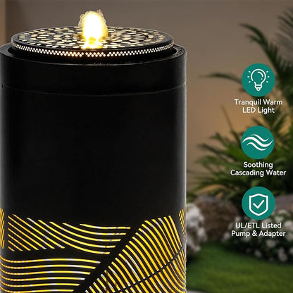 23.6" Outdoor Water Fountain with LED Lights, Metal Cutout Geometric Patterns Modern Garden Fountain with Pump, Soothing Cascading Water Flow for Patio, Deck, Porch Décor