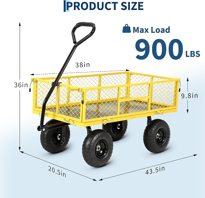900 Lbs Heavy Duty Steel Garden Cart, Garden Wagon Cart on Wheels, Outdoor Metal Yard Utility Wagon Carts with and Mesh Removable Sides and 180°Rotating Handle,Red