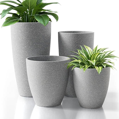 ZMTECH 4 Pack Plastic Planters 21/18/12/10in, Indoor Outdoor Round Planter for Porch, Large Plant Pot with Drainage Hole for Home Garden Front Door, Modern Decorative Pots for Plants (Light Gray)