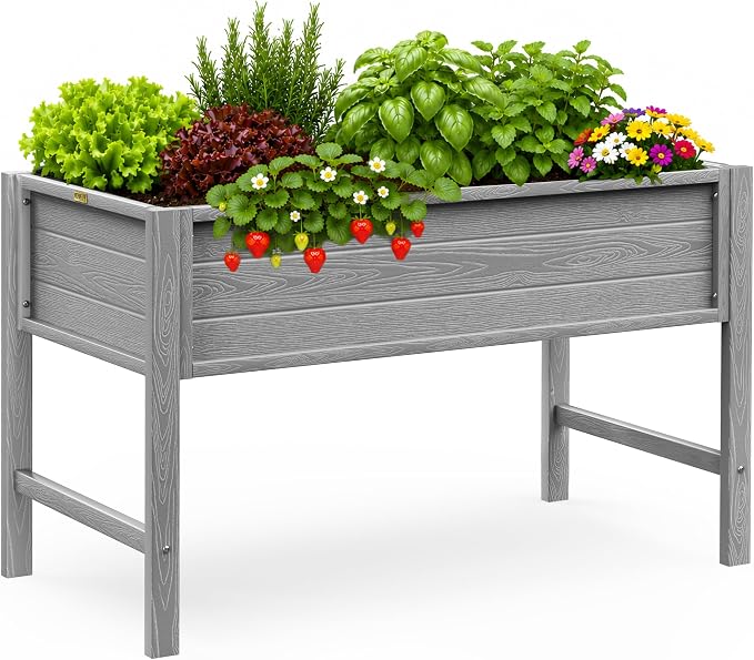 YEFU 48" Raised Garden Bed with Legs, HIPS Outdoor Garden Bed, Grey | Raised Garden Bed with Legs for Patios & Decks, 30" Height, Wood-Look HIPS, Drainage, 385 lbs Support for Vegetables & Herbs