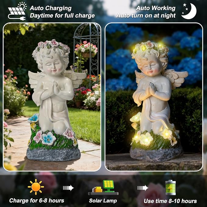 Solar Powered Angel Statue for Garden, Outdoor Spiritual Decorations for Patio Lawn Cemetery, Illuminated Seraphim Figurine with Warm Light, Gift for Women Religious Faith Ornament, Rustproof Resin