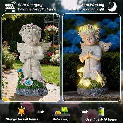 Solar Powered Angel Statue for Garden, Outdoor Spiritual Decorations for Patio Lawn Cemetery, Illuminated Seraphim Figurine with Warm Light, Gift for Women Religious Faith Ornament, Rustproof Resin