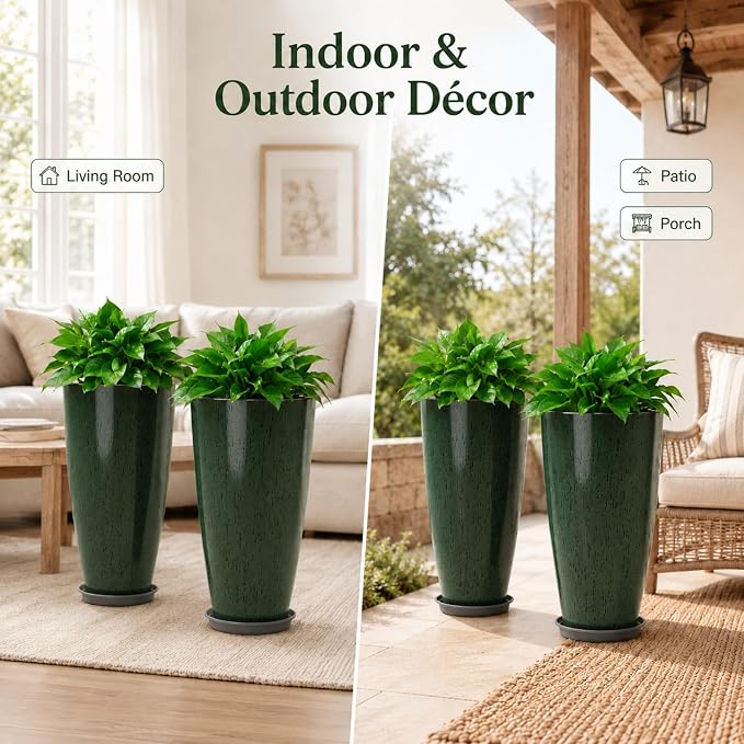 Neoaider Set of 2 Tall Planter, 21 inch Large Plastic Planter, Dark Green | Ceramic-Look, Lightweight, Built-in Drain Hole, Saucers, Tall Outdoor Planter for Porch, Garden, Patio, Balcony