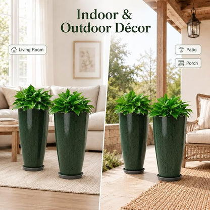 Neoaider Set of 2 Tall Planter, 21 inch Large Plastic Planter, Dark Green | Ceramic-Look, Lightweight, Built-in Drain Hole, Saucers, Tall Outdoor Planter for Porch, Garden, Patio, Balcony