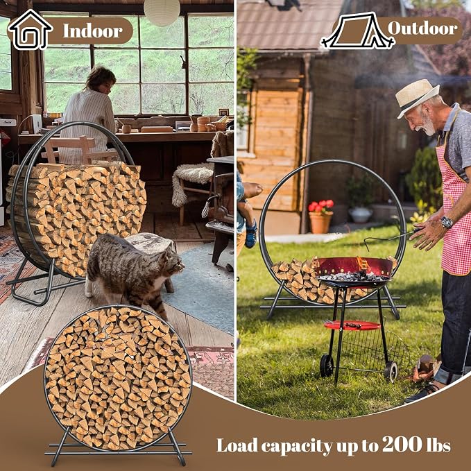 40 IN Firewood Circle Rack-Metal Pipe Ring Firewood Holder Outdoor / Indoor | Sturdy & Durable,Aesthetic Appearance and Space-Saving Design for Fireplace,Campfire or Backyard Storage,3.3FT Diameter