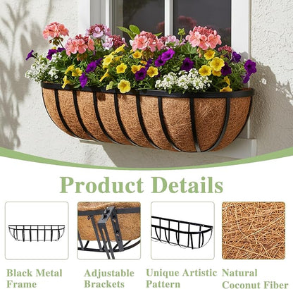 24 Inch Railing Planter Window Box Deck Balcony Rail Planter with Coco Liner Metal Wall-Mounted Coconut Liner Planter Basket English Horse Trough Planters for Outdoor Balcony Porch Fence (2 Pack)