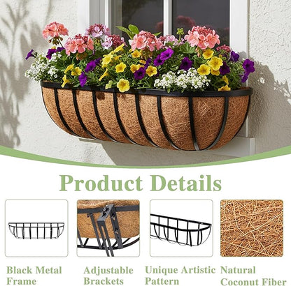 EIMQUVW 30 Inch Railing Planter Window Box Deck Balcony Rail Planter with Coco Liner Metal Wall-Mounted Coconut Liner Basket English Horse Trough for Outdoor Balcony Porch Fence Patio (2 Pack)
