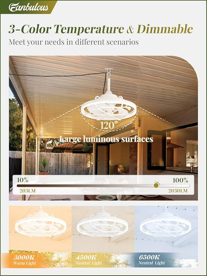 Fanbulous Outdoor Ceiling Fans with Light for Patios, 20" Weatherproof Plug in Ceiling Fan, Gazebo Fan Remote&APP Control, 3CCT Dimmable,Caged Ceiling Fan with Hanging Hook for Porch, Pergola,Canopy