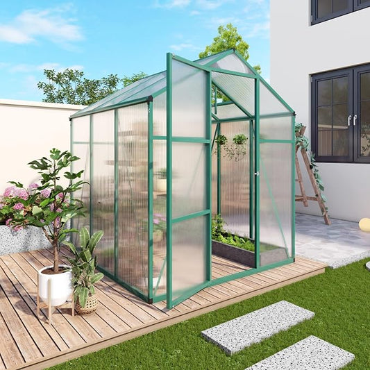 6x6 FT Greenhouse, Walk-in Heavy Duty Polycarbonate Outdoor Greenhouses with Raised Base & Anchor, Height-Enhanced Aluminum Frame, & Drainage System for Backyard All Season Growing, Green