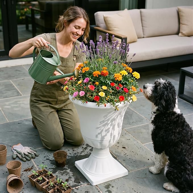 Worth Garden 2-Pack Urn Plastic Planters - 15.5" x 22" Tall Round Classic Flower Pots Pure White Traditional Large Roman Plant Pots for Front Porch Patio Deck Wedding Decoration Pot - Indoor & Outdoor