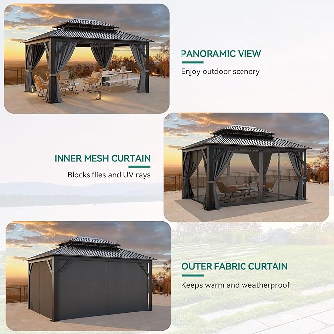 YITAHOME 12x16ft Hardtop Gazebo with Nettings and Curtains | Heavy Duty Double Roof Galvanized Steel Outdoor Combined of Vertical Stripes Roof for Patio, Backyard, Deck, Lawns, Gray