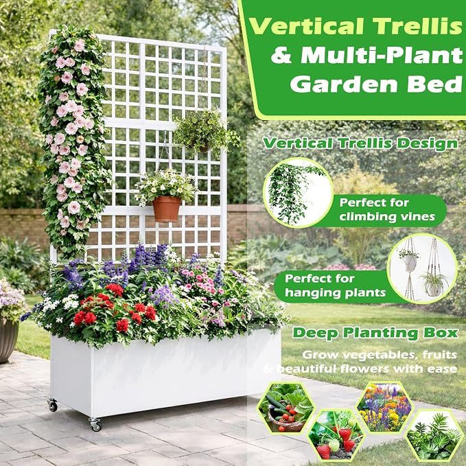 Metal Raised Garden Bed with Grid Trellis and Wheels, 43” L x 16” W x 71” H Privacy Screen for Climbing Plants, Metal Planter Box with Drainage Holes