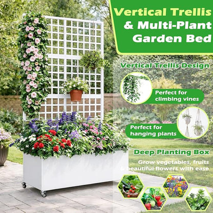 Metal Raised Garden Bed with Grid Trellis and Wheels, 43” L x 16” W x 71” H Privacy Screen for Climbing Plants, Metal Planter Box with Drainage Holes