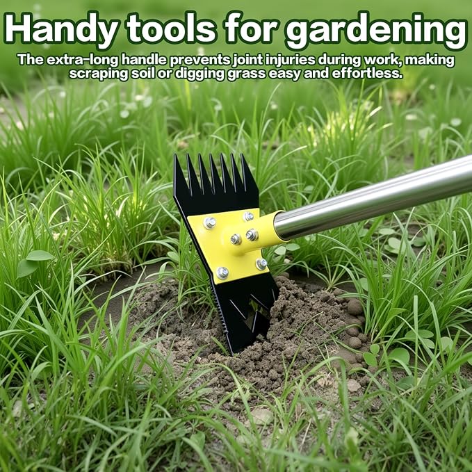 2-in-1 Garden Hoe and Weed Puller Rake, 60 Inch Adjustable Long Handle Weeding Tool Heavy Duty Spring Steel Head, Dual Side Hand Weed Rake, Weed Remover for Garden, Yard, Lawn, Driveway.