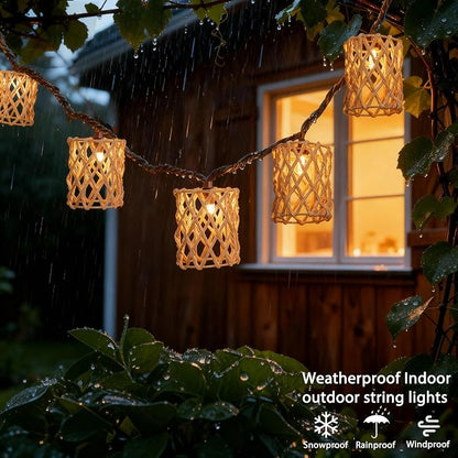 Decorative String Lights Plug in with 10 Incandescent Bulbs, Handwoven Rattan Cylinder-shaped Boho Lantern String Lights Connectable Weatherproof Outdoor Indoor for Bedroom Patio Pergola Decor (Beige)